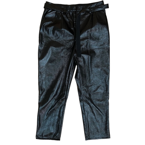 WHO WHAT WEAR Black High Tie Waist Textured Vinyl Straight Trouser Pants - 8 - Picture 6 of 16